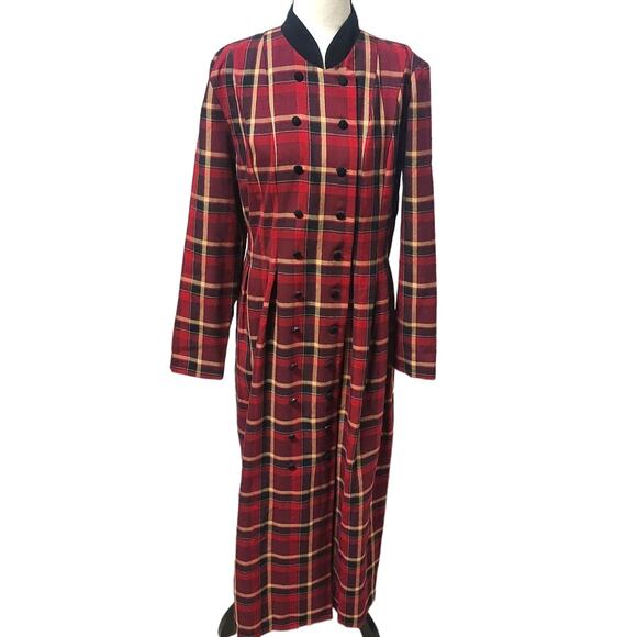 MHM Vintage Long Red Black Plaid Maxi Double Breasted Homestead Button Dress - Picture 1 of 9